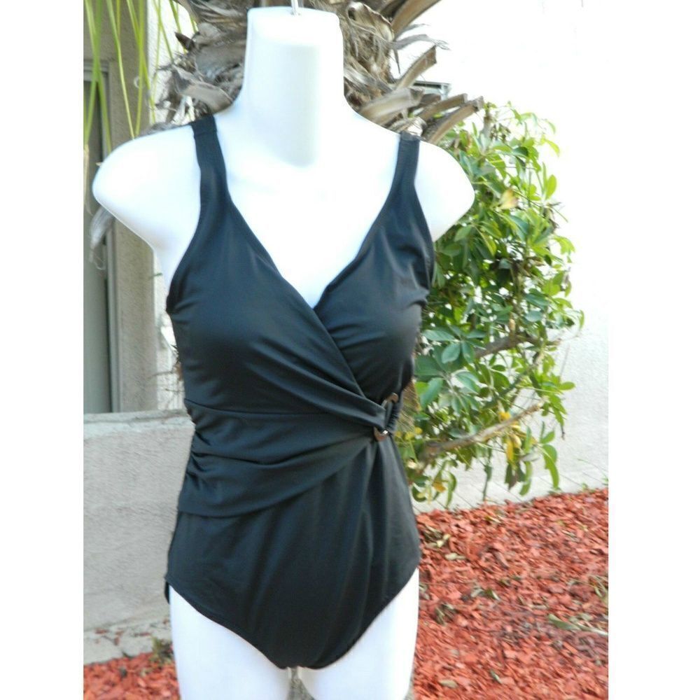 Merona Bathing Suit Black One Piece Ruching Silver Buckle Size Small